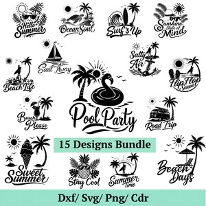 May include: A collection of 15 black and white summer-themed graphic designs featuring palm trees, suns, and beach elements. Text includes phrases like Hello Summer, Ocean Soul, Surf's Up, Sunshine State of Mind, Sail Away, Beach Life, Salty Air, Flip Flop Season, Beach Please, Pool Party, Road Trip, Sweet Summer, Stay Cool, Summer time, and Beach Days.