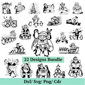 May include: A collection of 22 black and white digital illustrations featuring Santa Claus and penguins in various holiday activities. The designs include Santa with penguins, playing sports, reading, and interacting in festive scenes. Text reads 22 Designs Bundle.