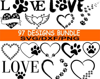 Pacchetto SVG con zampa a forma di cuore, pacchetto DXF con impronta di zampa, zampa di cane in formato svg, zampa di cuore personalizzata in formato svg, file di taglio della zampa di cane per Cricut in formato svg, zampa in formato svg, download digitale
