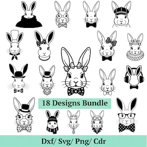 May include: A collection of 18 black and white rabbit designs, each with unique accessories like bow ties, hats, and glasses. The text "18 Designs Bundle" and file type options are included. Perfect for crafting projects.