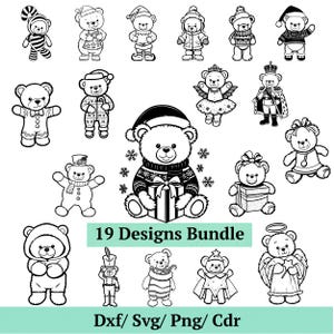 May include: Black and white illustrations of teddy bears in various outfits and poses. Some bears wear hats, sweaters, and angel wings. The image includes the text "19 Designs Bundle" and file type options: Dxf/ Svg/ Png/ Cdr.