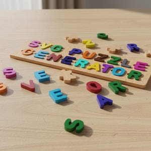 Puede incluir: Rompecabezas de madera con letras coloridas que deletrean "SVG PUZZLE GENERATOR" sobre una superficie de madera marr&oacute;n claro. Letras individuales de varios colores est&aacute;n dispersas alrededor del rompecabezas, incluyendo naranja, azul, verde y morado.