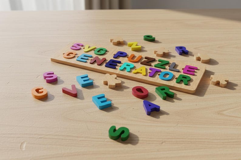 Puede incluir: Rompecabezas de madera con letras coloridas que deletrean "SVG PUZZLE GENERATOR" sobre una superficie de madera marr&oacute;n claro. Letras individuales de varios colores est&aacute;n dispersas alrededor del rompecabezas, incluyendo naranja, azul, verde y morado.