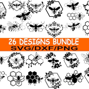 May include: A bundle of 26 black and white bee designs. The illustrations feature bees, honeycomb patterns, and floral arrangements, presented in shapes like hexagons, wreaths, and hearts. The text "26 DESIGNS BUNDLE SVG/DXF/PNG" is displayed in orange.