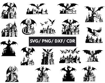Dragon SVG Bundle, Dragon and Castle Dxf, Detailed Fantasy Clipart 18 Designs (Digital Download)