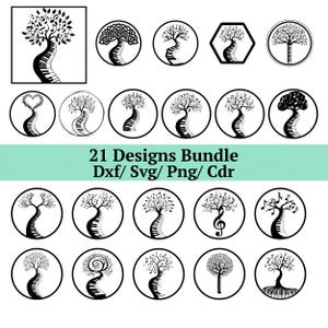 以下が含まれることがあります： 21種類の白黒の木のデザインのコレクション。木の幹はピアノの鍵盤として様式化されています。一部のデザインには、葉の中に音符が含まれています。テキストは「21 Designs Bundle Dxf/ Svg/ Png/ Cdr」と表示されています。