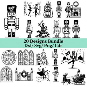 May include: A collection of 20 black and white nutcracker designs in various poses and settings. The designs include nutcracker soldiers, a Christmas tree, a fireplace, and a sleigh. Text reads "20 Designs Bundle Dxf/Svg/Png/Cdr."