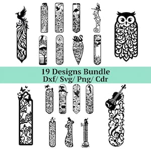 Könnte beinhalten: Eine Sammlung von 19 schwarzen Ausschnitt-Designs, darunter Lesezeichen und eine Eule, mit verschiedenen Themen wie Tieren, Natur und Noten. Der Text "19 Designs Bundle Dxf/ Svg/ Png/ Cdr" wird angezeigt.