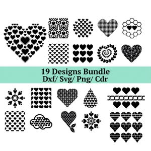 May include: A collection of 19 black and white heart designs in various patterns, including solid hearts, geometric shapes, and intricate designs. The text "19 Designs Bundle Dxf/ Svg/ Png/ Cdr" is displayed below the designs.
