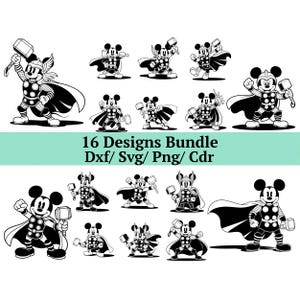 Puede incluir: Diseños digitales en blanco y negro que muestran a Mickey Mouse como Thor, sosteniendo un martillo y usando una capa. La imagen incluye el texto "16 Designs Bundle Dxf/ Svg/ Png/ Cdr".