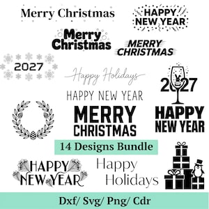 Könnte beinhalten: Eine Sammlung von schwarz-weißen Designs zum Thema Feiertage, darunter "Merry Christmas", "Happy New Year" und "Happy Holidays" in verschiedenen Schriftarten. Das Bild zeigt auch einen Kranz, Schneeflocken, Geschenkboxen und einen Pinguin. Der Text enthält "2027" und "14 Designs Bundle."