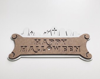 Layered Wooden Halloween Sign: Cemetery Silhouette, Gothic Wall Decor