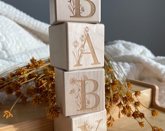 Floral Baby Blocks, Pregnancy Announcement, Custom Wood Blocks,  Personalized Wood Blocks, Baby Shower Gift, Nursery Decor, Baby Photo Props