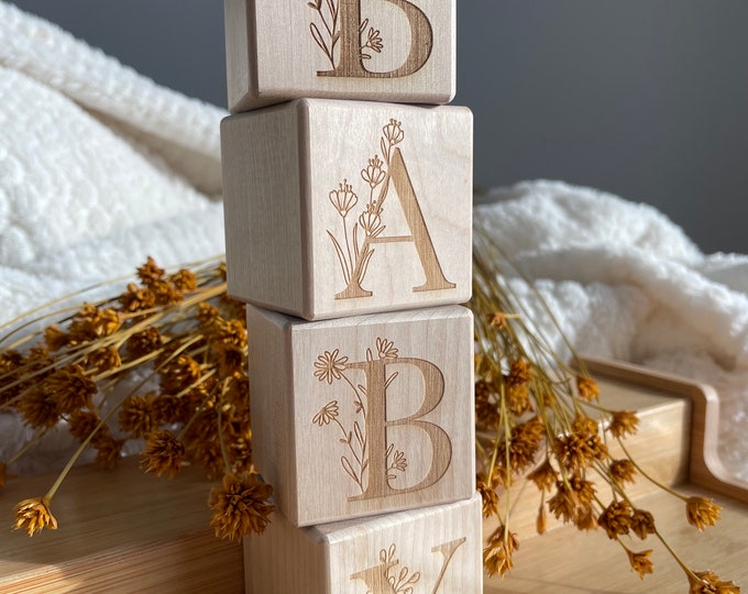 Floral Baby Blocks, Pregnancy Announcement, Custom Wood Blocks,  Personalized Wood Blocks, Baby Shower Gift, Nursery Decor, Baby Photo Props