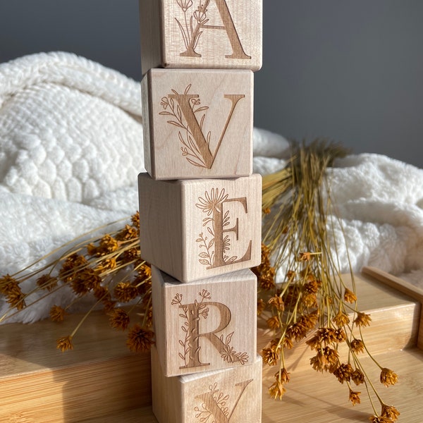 Personalized Floral Baby Wooden Blocks, Baby Shower Gift, Boho Nursery, Pregnancy Announcement, Photo Prop, First Birthday, Mother's Day