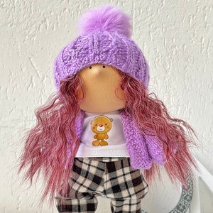 Beautiful Tilda doll with purple hair, Doll for decor and interior