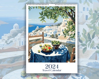 Travel Calendar 2024, World City Calendar 2024, Watercolor Landscapes Wall Calendar 2024, Calendar, Paris Santorini New York Amsterdam