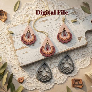 Könnte beinhalten: Ein Schmuckset mit einer Halskette und Ohrringen mit Tropfendesign. Die Ohrringe und der Anhänger haben eine rosa Oberseite, geschichtete orangefarbene und braune Details und einen roten Edelstein. Das Bild enthält auch zwei Ohrringausstecher und den Text "Digital File".