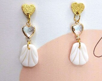 Wedding, Marriage, White earrings, polymer clay, leaf, steel, crystal,heart,handmade