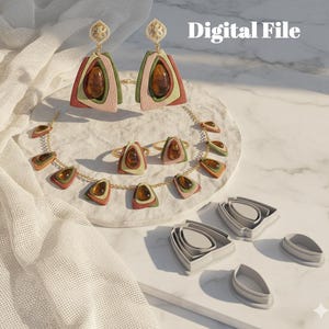 May include: A collection of jewelry and jewelry-making tools. The jewelry includes earrings, a necklace, and rings, all featuring a layered design with red, green, and brown tones. The text "Digital File" is visible in the upper right corner.