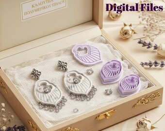 May include: A wooden box with a decorative gold clasp and trim, containing white and silver earrings, clear gems, and purple polymer clay cutters. The box also has text that reads "Digital Files".