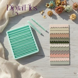 May include: A mint green silicone mould with various edge designs, two matching sticks, and a rectangular card with layered edge patterns. The text "Digital Files" is in the upper left corner. Dried flowers are scattered in the background.