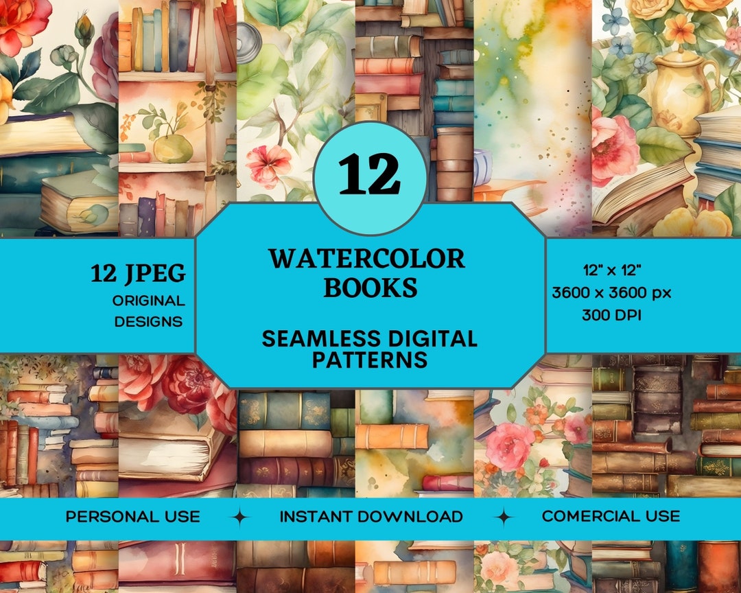 Books Digital Patterns Watercolor Library Pack of Seamless Scrapbook ...
