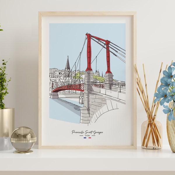 Affiche Passerelle Saint-Georges Lyon, Illustration Crayon, Papier 220g, France, Art Lyonnais, Décoration Murale, Format A3/A2