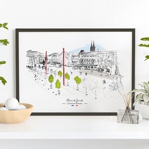 Affiche Auvergne - Place de Jaude, Clermont-Ferrand, Illustration Crayon, Art Clermontois, Décoration Murale, 30x40cm, Papier 220g, France