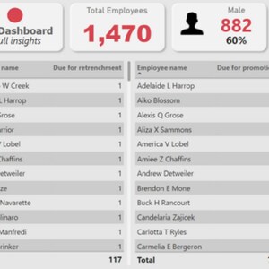 May include: A red and white HR dashboard with a total of 1,470 employees, 882 male and 588 female. The dashboard shows a list of employees due for retrenchment and promotion. The text "Those are the set of employees that would either need to be promoted or retired" is displayed in a red box.