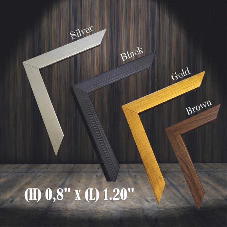 Four corner frame samples labeled Silver, Black, Gold, and Brown are displayed against a dark wood background with dimensions H 0.8 inches by L 1.20 inches at the bottom.