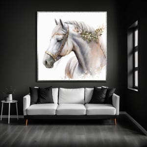 Water Colored White Horse Illustration, Horse Wall Art , Modern Home Decor, Decorative Painting with Elegant Peony Detail