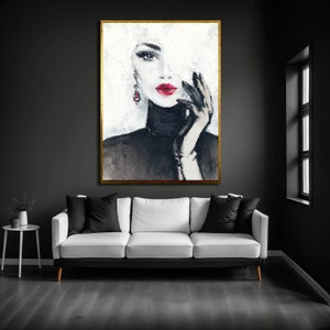 Red Lips Woman Canvas Print: Black and White Fashion Art