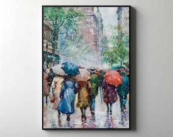 Watercolor City Street Canvas Art, Rainy Day Umbrellas, Vintage Impressionist Decor