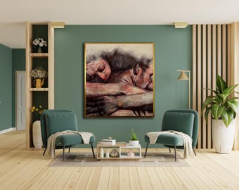 Intimate Embrace Art, Raw Couples Drawing, Romantic Mixed Media Print