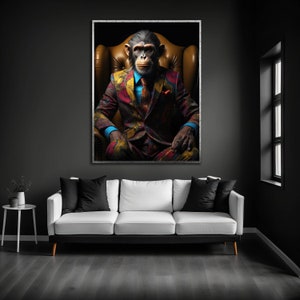 Obra de arte de mono jefe, impresión en lienzo de caballero mono, lienzo de mono, arte animal adorable, decoración moderna del hogar, pintura divertida de mono