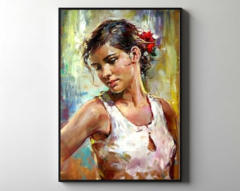 Ritratto di donna impressionista su tela, stile romantico dipinto a olio, arte murale