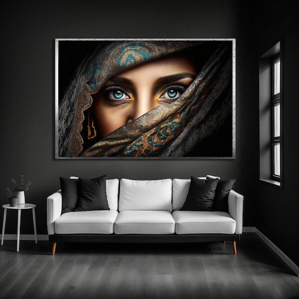 Art mural sur toile femme yeux bleus, peinture sur toile femme abstraite, art sur toile fille arabe, art du harem, art de l'impression égyptienne,