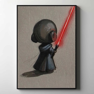 Op de afbeelding: Een ingelijste illustratie van een stripfiguur in een donkere mantel en helm, met een felrood lichtzwaard. Het kunstwerk heeft een getextureerde, geschetste uitstraling, met een neutrale achtergrond en een zwarte lijst.