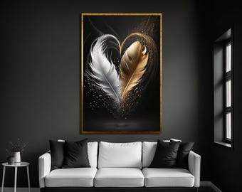 Gold Feather Oil Painting on Canvas, Abstract Textured Wall Art