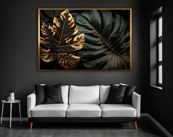 Gold & Black Monstera Leaf Print, Tropical Houseplant Canvas Art