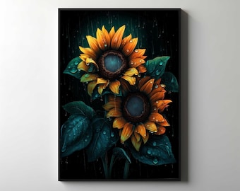 Vintage Sonnenblume Stillleben Ölgemälde Druck, Abstrakte Blumen Leinwand Wandkunst