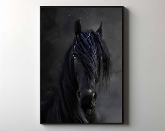 Friesian Horse Portrait, Gothic Equine Wall Art