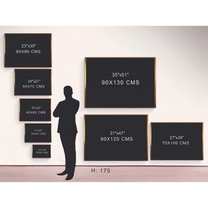 A size comparison chart featuring a black silhouette of a person standing next to seven rectangular canvas prints of varying dimensions displayed on a wall.