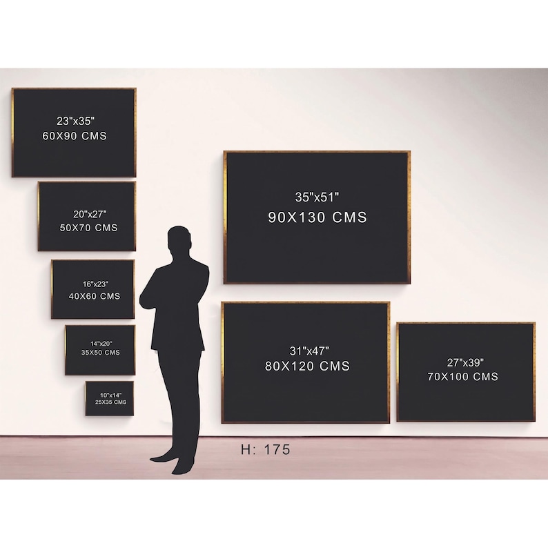 A size comparison chart featuring a black silhouette of a person standing next to seven rectangular canvas prints of varying dimensions displayed on a wall.