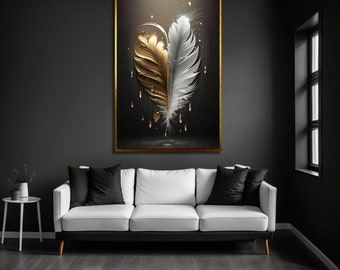 Gold Feather Canvas Painting: Modern Home Decor