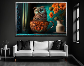 Colorful Owl Canvas Print, Modern Floral Wall Art