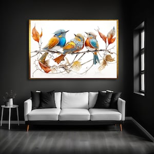 Dipinto su tela con uccelli, stampa artistica da parete con simpatici uccelli su tela, stampa artistica da parete con animali, decorazione da parete per la stanza della natura, pronta da appendere