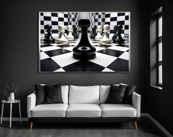 Cuadro de ajedrez con reina y caballo, decoración de pared realista con marco.