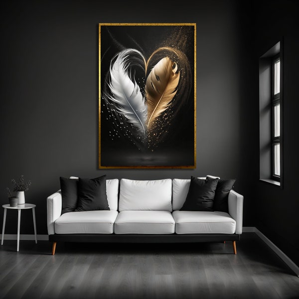 Gold and White Feather Oil Painting on Canvas, Original Custom Painting, Abstract Gold Art, Modern Textured Wall Art, Living room Wall Decor